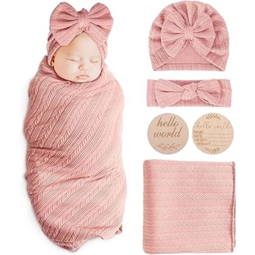 Newborn Receiving Blanket with Bow Hat Headband Wooden Card Set Wheat-Pattern Newborns Toddler Baby Boy Girl Nursery Swaddle Wrap