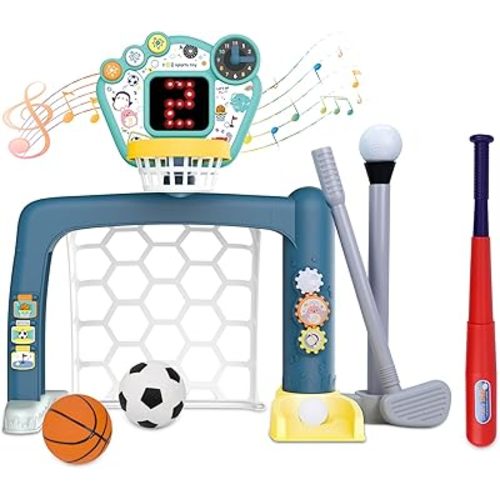 4 in 1 Adjustable Basketball Hoop Soccer Goal for Toddlers 1-3,Kids Sports Toys with Golf Baseball Toy,LED Scoreboard, Music & Educational Games,Indoor & Outdoor Baby Activity Center Age 18+M Boy Girl