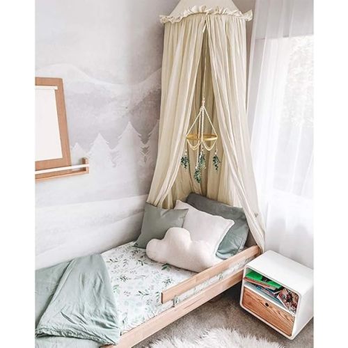 Kids Bed Canopy with Frills Cotton Cover Net for Crib Reading Nook Curtain Hideaway Hanging Round Tent Nursery Bedding Play Room Decor