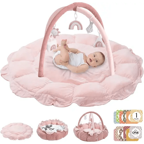 HAN-MM 5-in-1 Convertible Baby Play Gym with 6 Toys, Tummy Time Mat for Sensory Development, Baby Activity Center from Newborn to Toddler, Ball Pit, Cat & Dog Bed, Soft Plush Pet Bed, Pink
