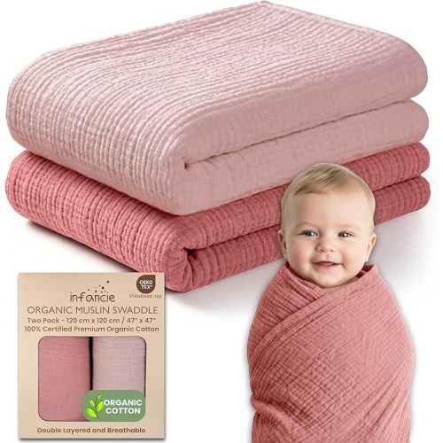 infancie 100% Organic Cotton Muslin Baby Blanket - 47 x 47 Inch Breathable Muslin Baby Girl Blanket, Hypoallergenic Double-Layer, Soft and Cozy Newborn Baby Blanket for Everyday Use (Rose/Peach) | Breathable, Hypoallergenic, Swaddle, Versatile Use