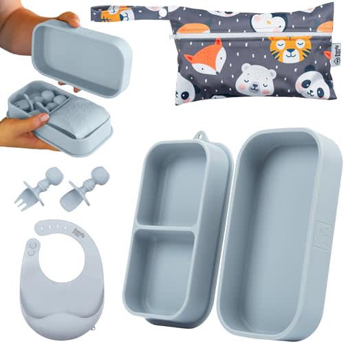Travel Silicone Baby Feeding Set - Portable Toddler Feeding Supplies with Silicone Baby Spoon & Fork, Suction Plates for Toddler, Lightweight Foldable Baby Bib & Waterproof Storage Bag - 6 Piece Set