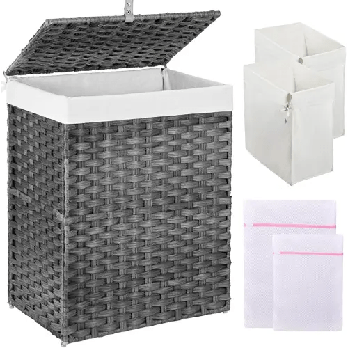 GREENSTELL Laundry Hamper with Lid, 90L Clothes Hamper with 2 Removable Liner Bags & 2 Mesh Laundry Bags, Handwoven Synthetic Rattan Laundry Basket for Clothes, Toys in Bathroom, Bedroom Grey