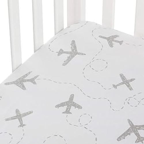 Andi Mae Crib Sheet - Grey Airplanes - 100% Jersey Cotton - Fits Standard Crib or Toddler Mattresses