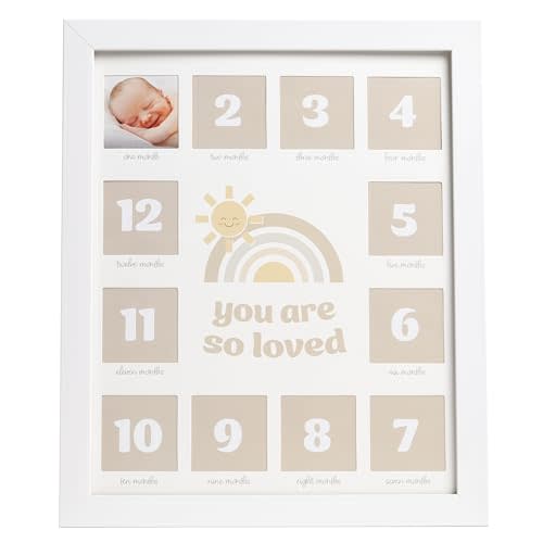 Kate & Milo My First Year Baby Photo Frame – Monthly Milestone Picture Display, Keepsake Nursery Decor for Newborn Girl or Boy, You Are So Loved Sentiment, White