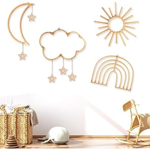 Thyle 10 Pcs Rattan Boho Nursery Decor for Girls and Boys, Rainbow Moon Sun Star and Cloud Wall Decor with Rope Neutral Theme Rattan Decor for Nursery, Baby Room, Playroom