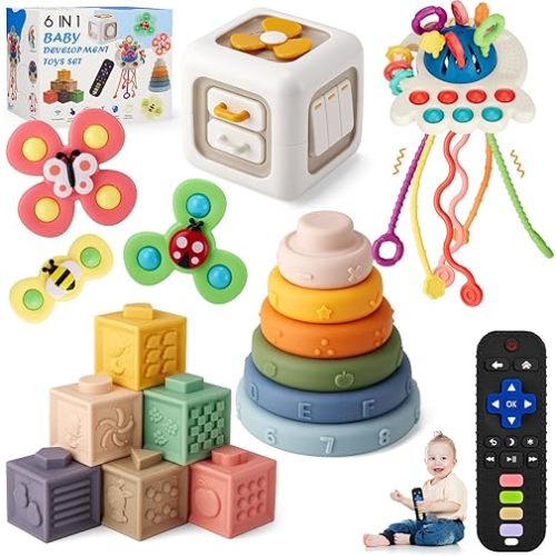 VoMii 18Pcs Baby Toys 6-12-18 Months, Montessori Toys Newborn Toys for Babies, Infant Teether Sorting Stacking Blocks Spinner Toy Activity Cube Pull Push Sensory Toys for Toddlers 1-2-3 Years