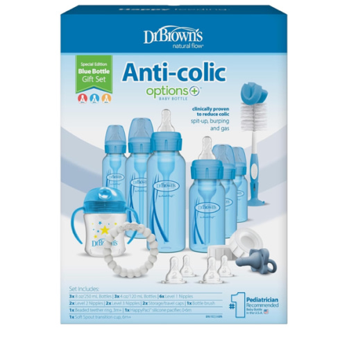 Dr. Brown's Natural Flow Anti-Colic Options+ Special Edition Blue Baby Bottle Gift Set with Soft Sippy Spout Transition Cup, Flexees Teether, Bottle Cleaning Brush and Travel Caps
