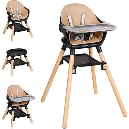 Baby High Chair, 6 in 1 Wooden Convertible High Chairs for Babies and Toddlers, Booster Seat with Double Tray & Reversible Footrest Baby Highchair, 5-Point Harness Baby Feeding Chair, Black