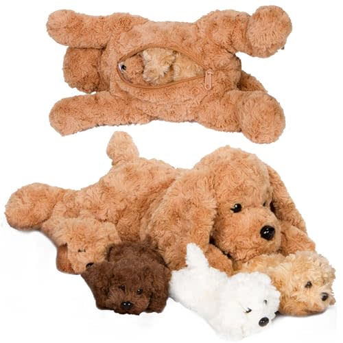 PixieCrush Dog Stuffed Animals, Mommy Labradoodle Plush Toy with 4 Puppies, Big Stuffed Animals for Girls, Soft Cuddly Plushie for Imaginative Play, Animal Toys for Kids Ages 3-8