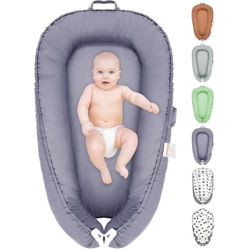 Baby Lounger, 100% Cotton Newborn Lounger for 0-24 Months, Co Sleeping Breathable & Soft Baby Nest, Infant Lounger Baby Floor Seat, Portable Lightweight Lounger Newborn Babies Essentials(Dark Grey)
