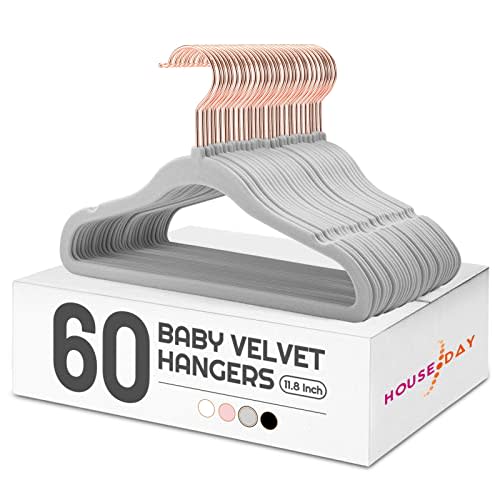 HOUSE DAY Velvet Baby Hangers for Closet, Kids Hangers Velvet 60 Pack, Non Slip Toddler Hangers 11.8 Inch, Cute Baby Clothes Hangers, Durable Childrens Hangers Newborn Hangers for Baby Clothes- Gray