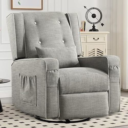 Nursery Glider Recliner Chairs, 360° Swivel Rocker Recliner with Cup Holders, Upholstered Nursing Rocking Chair with Foot Rest for Living Room Bedroom Nursing Room Breastfeeding, Beige