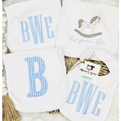 Rocking horse embroidered bib & burp cloth set- baby boy