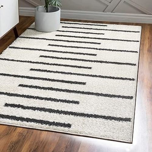 JONATHAN Y Alaro Berber Stripe Shag White/Gray Indoor Area Rug, 4x6, Bohemian, Contemporary, Easy-Cleaning for Living Room, Bedroom, Kitchen, Pet Friendly, Non-Shedding (MOH402A-4)