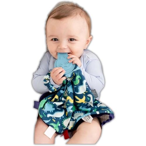 Cheeky Chompers Comfortchew | Baby Lovey with Silicone Teether & Sensory Tags | Soft Fleece Material, Attachable Loop, Machine Washable | (Baby Dino)