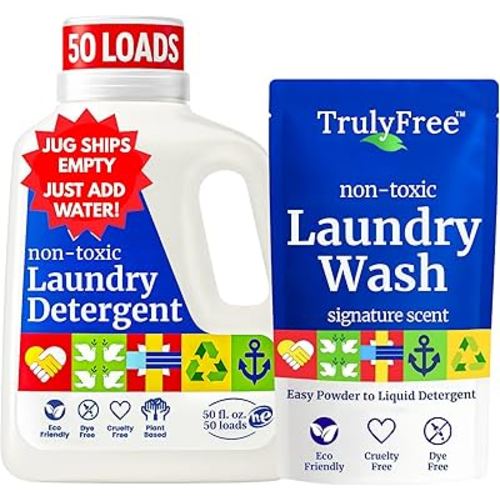 Truly Free Natural Laundry Detergent for Sensitive Skin | Eco Friendly, Plant Based, Baby Clothes Safe | Clean & Easy Powder to Liquid, 1 Pack Detergent + 1 Refillable Jug | Signature Scent, 50 Loads