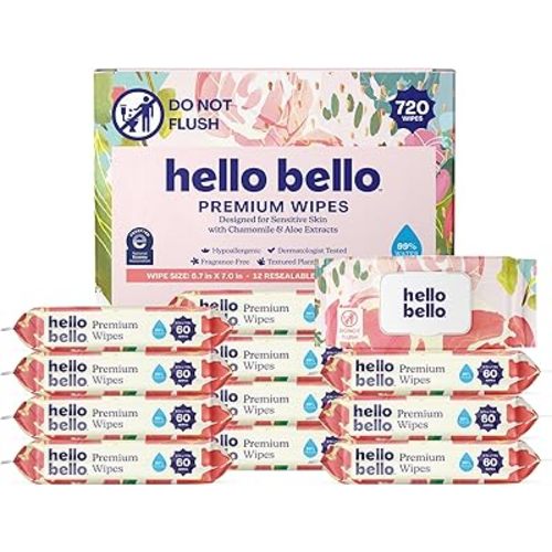 Hello Bello Premium Wipes, Designed for Sensitive Skin with Chamomile & Aloe Extracts, Rosy Posy (12 Resealable Packets = 720 Total Wipes)