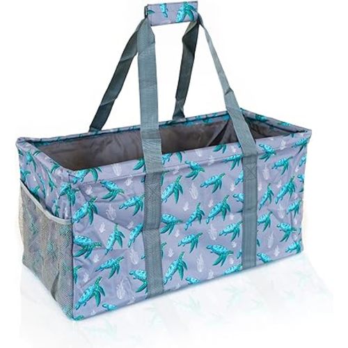 Extra Large Utility Tote Bag - Oversized Collapsible Reusable Wire Frame Rectangular Canvas Basket With Two Exterior Pockets For Beach, Pool, Laundry, Car Trunk, Storage - Turtle