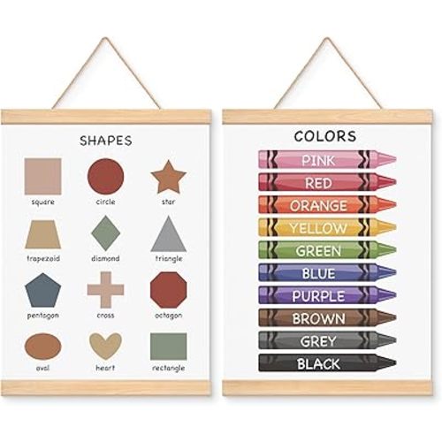 EliteSign Educational Preschool Learning Posters, Colors Poster for Toddlers, Shapes Banner Wall Hanging Posters Decor for Classroom Playroom Nursery Kids Room, 12x17 Inch Set of 2 with Wooden Frames