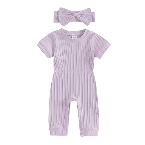 Winioder Newborn Baby Girl Summer Clothes Solid Color Ribbed Short Sleeve Romper Jumpsuit with Headband Coming Home Outfit