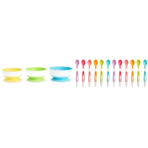 Munchkin® Stay Put™ Suction Bowls for Babies and Toddlers, 3 Pack, Blue/Green/Yellow & ® Soft Tip™ Infant Spoons, 12 Count (Pack of 1)