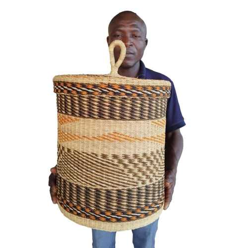 AFRICAN LAUNDRY BASKET With Lid, African Woven Basket, Blanket Basket, Tall Laundry Hamper,Storage Wicker Storage Basket Lid, Bolga Basket