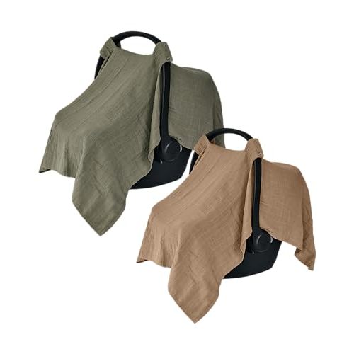 Car Seat Cover Baby - Organic Cotton - Carseat Covers Baby - Carseat Cover - Car Seat Canopy - Carseat Canopy - 100% Muslin Cotton, 43" x 32" 2-Pack (Sage Green/Natural)