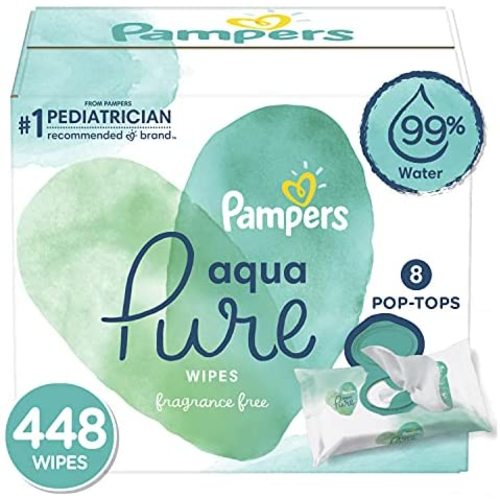 Baby Wipes, Pampers Aqua Pure Sensitive Water Baby Diaper Wipes, Hypoallergenic and Unscented, 8X Pop-Top Packs, 448 Count (Packaging May Vary)