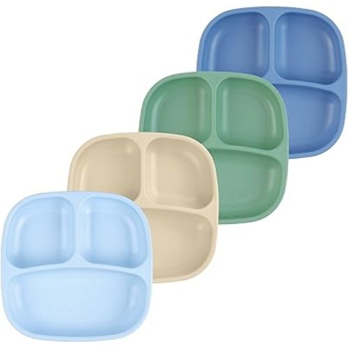 Re-Play Toddler Plates with Dividers - Deep-Walled 3 Compartments Divided Plates for Kids - Dishwasher & Microwave Safe - Made in USA - Set of 4-7.37" x 7.37" x 1.25" - Meadow