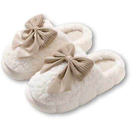 Women Bow Slipper for Fall Winter Thick Sole Indoor Cute Fuzzy Footwear