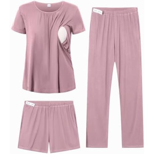 DIKFA 3 Pcs Women Maternity Nursing Pajamas Set Short Sleeve Breastfeeding Shirts Pjs Pregnancy Shorts & Pants Sleepwear