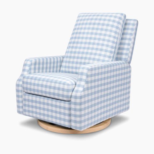 Crewe Recliner and Swivel Glider - Blue Gingham With Light Wood Base