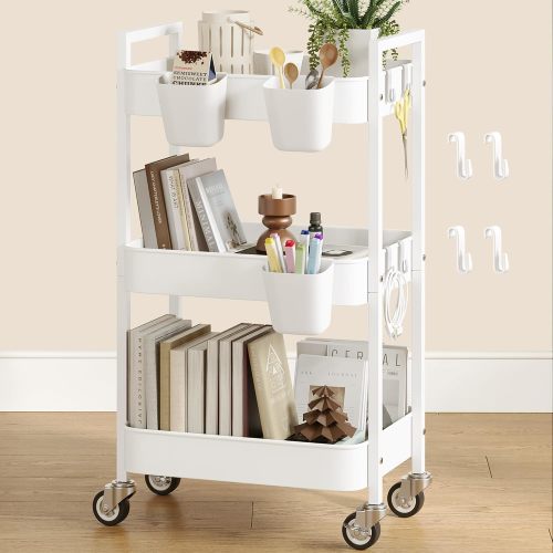 Nunsino 3 Tier Rolling Cart,Utility Cart with Locking Wheels, Hanging Cups,&Hooks, Heavy Duty Metal Storage Organizer Cart