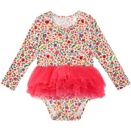 Baby Girl Bodysuit Dress- Viscose Made from Bamboo, Long Sleeve Flutter Skater Dress with Bodysuit Infant Outfit