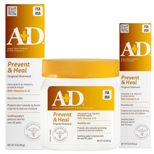 A+D Original Diaper Rash Ointment, Prevents & Heals Diaper Rash, Moisturizes & Heals Dry Skin With Vitamins A & D, Home & Go Bundle - 16 oz jar, 4 oz tube, 1.5 oz tube