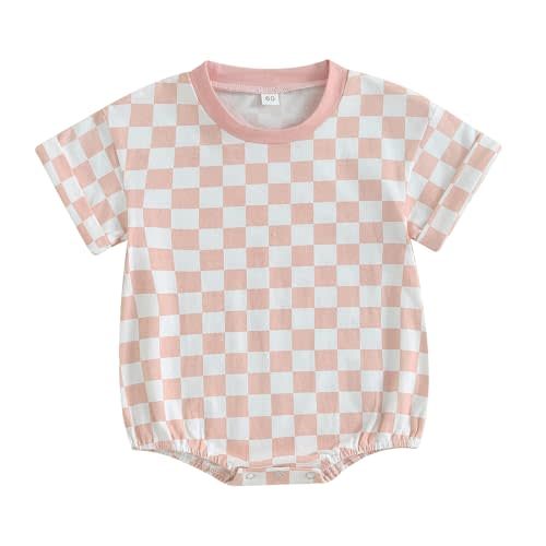Karuedoo Newborn Baby Boy Girl Clothes Checkered T-Shirt Bubble Romper Oversized Short Sleeve Onesie One-Piece Summer Outfit