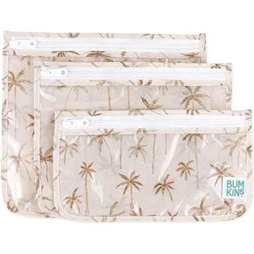 Bumkins Travel Bag, Toiletry, TSA Approved Pouch, Zip Bag, Quart Size Airline Compliant, Clear-Sided, Baby, Diaper Bag Organization, Makeup, Accessories, Packing, Set of 3 Sizes, Palm Trees