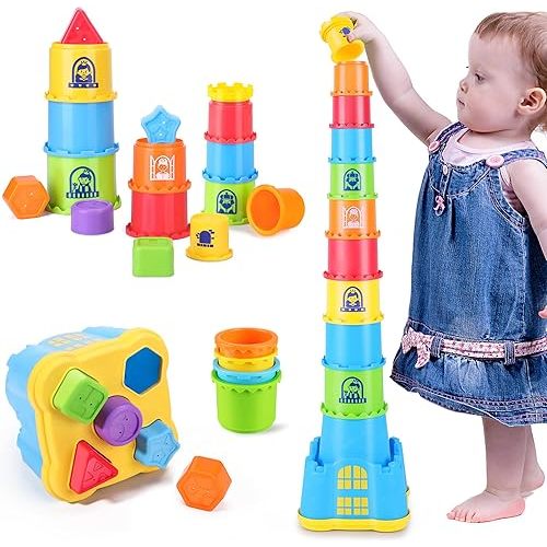iPlay, iLearn Baby Stacking Toys, Toddler Nesting Stack Cups, Infant Stackable Block, Kids Sorting Game W/Shape Sorter for Sand Bath, Birthday Stocking Stuffer Gift 12 18 Month 1 2 3 Year Old Boy Girl