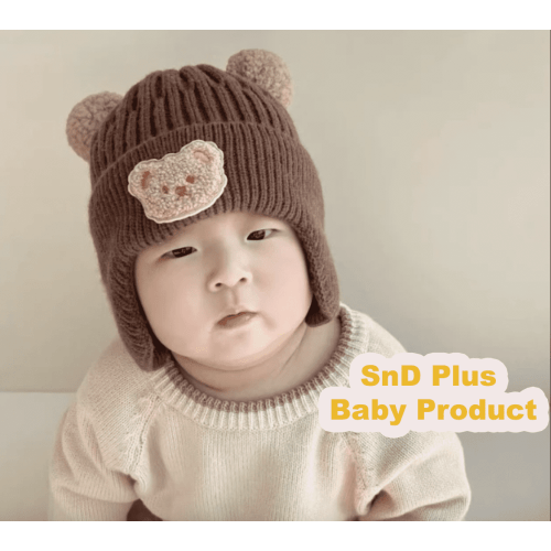 SnD Plus Toddler Winter Warm Bear Beanie Hat – Soft Cotton & Wool Knit Baby Hat with Pompom and Ear Protection, Unisex for 0–36 Months Dark Brown