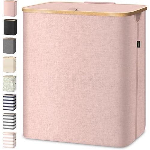 BALEINE Laundry Hamper with Lid, Tall Laundry Baskets with Bamboo Pull Handles, Large Laundry Bin with Internal Support (36 Gal/140L, Pink)