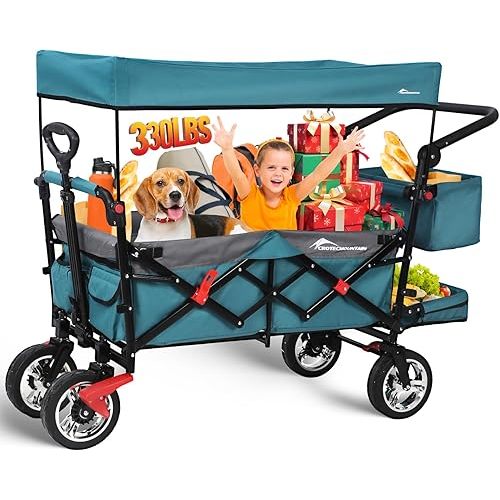 Collapsible Wagon with Canopy,330lbs Cart, Collapsible Foldable Garden Cart- with Adjustable Push Pulling Handles Outdoor Utility Wagon for Beach Garden Camping, Blue