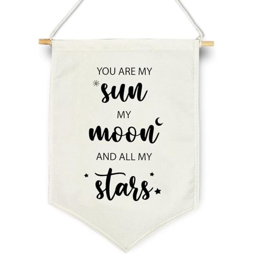Nursery Wall Hanging Banner, My Sun My Moon and All of My Stars Canvas Hanging Pennant Flag, Birthday Christmas Gifts for Baby Kids Girls and Boys, Playroom Bedroom Front Door Décoration