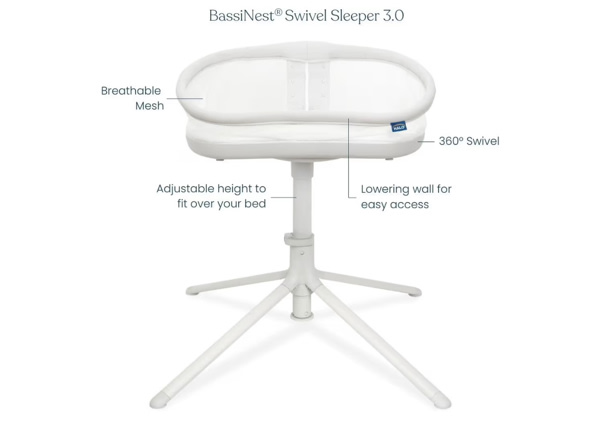 HALO BassiNest Swivel Sleeper 3.0 – Over-Bed Baby Bassinet with 360 Rotation, Adjustable Height, Breathable Mesh, Safe Close Sleeping, Lowering Wall for Easy Access, Feeding & C-Section Recovery