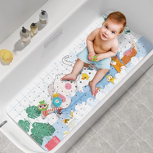 AmazerBath Baby Bath Mat Non Slip, Cartoon Kids Bath Mat for Tub 40 x 16 Inches Full Size, Non Slip Bathtub Mat with Suction Cups and Drain Holes, Shower Stall Mats - Elephant
