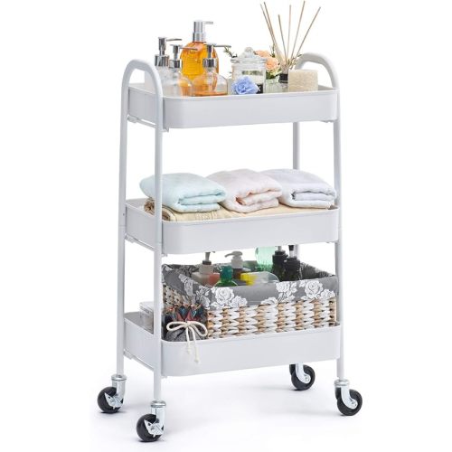 TOOLF 3 Tier Rolling Cart, No Screw Metal Utility Cart, Easy Assemble Utility Serving Cart, Sturdy Storage Trolley with Handles, Locking Wheels, for Classroom Office Home Bedroom Bathroom, White