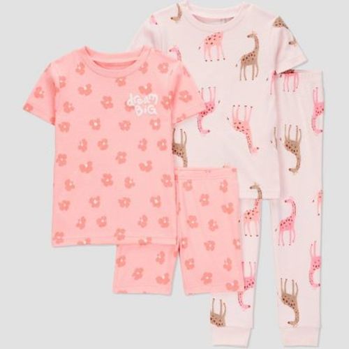 Carter's Just One You®️ Toddler Girls' 4pc Cotton Giraffe Snug Fit Pajama Set - Pink 2T: Crew Neck, Elastic Waistband
