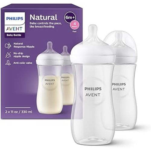 Philips Avent Natural Baby Bottles with Natural Response Nipples (Fast Flow, Flow 4), 11oz, 2-Pack, SCY906/02