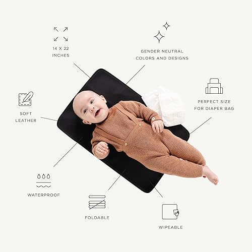 Gathre Premium Baby Changing Mat (14 x 22 inches) Foldable, Wipeable & Water Resistant Leather Bed Pad for Infant Changing Table | Portable Diaper Changing Station for Home & Travel Use (Raven)