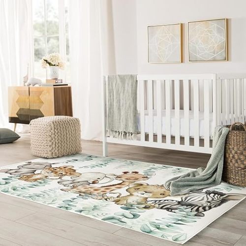 HawSkgFub Baby Toddler Boy Girl African Safari Jungle Animals Nursery Area Rug, Elephant Giraffe Lion Zebra Non Slip Play Mat Playroom Carpet, Neutral Kids Bedroom Living Room Eucalyptus Leaf Decor - 3'x5'